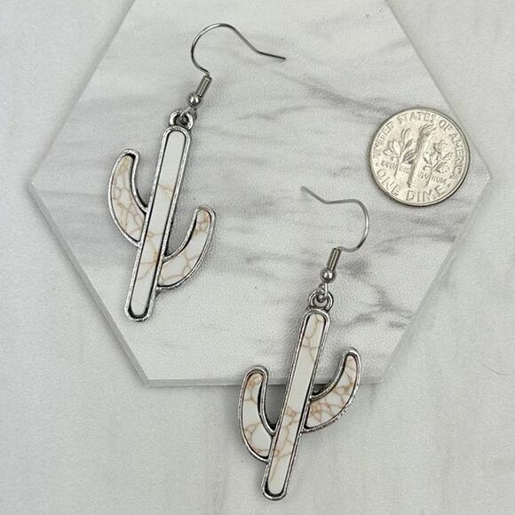 Silvertone with White Stone Cactus Dangle Earrings - Picture 1 of 2